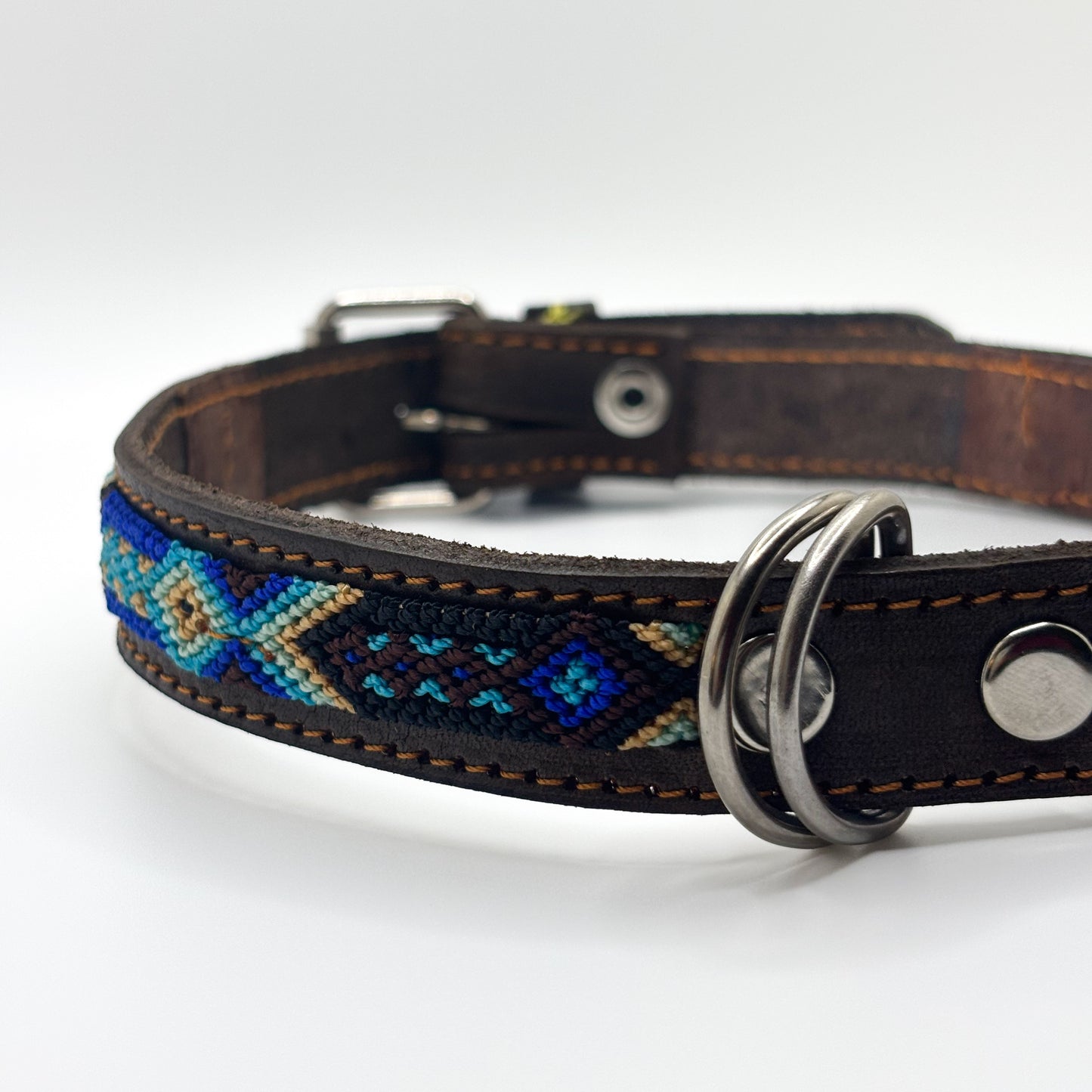 Noche Azul Large 45cm Hand Embroidered Leather Dog Collar