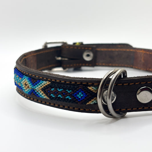 Noche Azul Large 45cm Hand Embroidered Leather Dog Collar