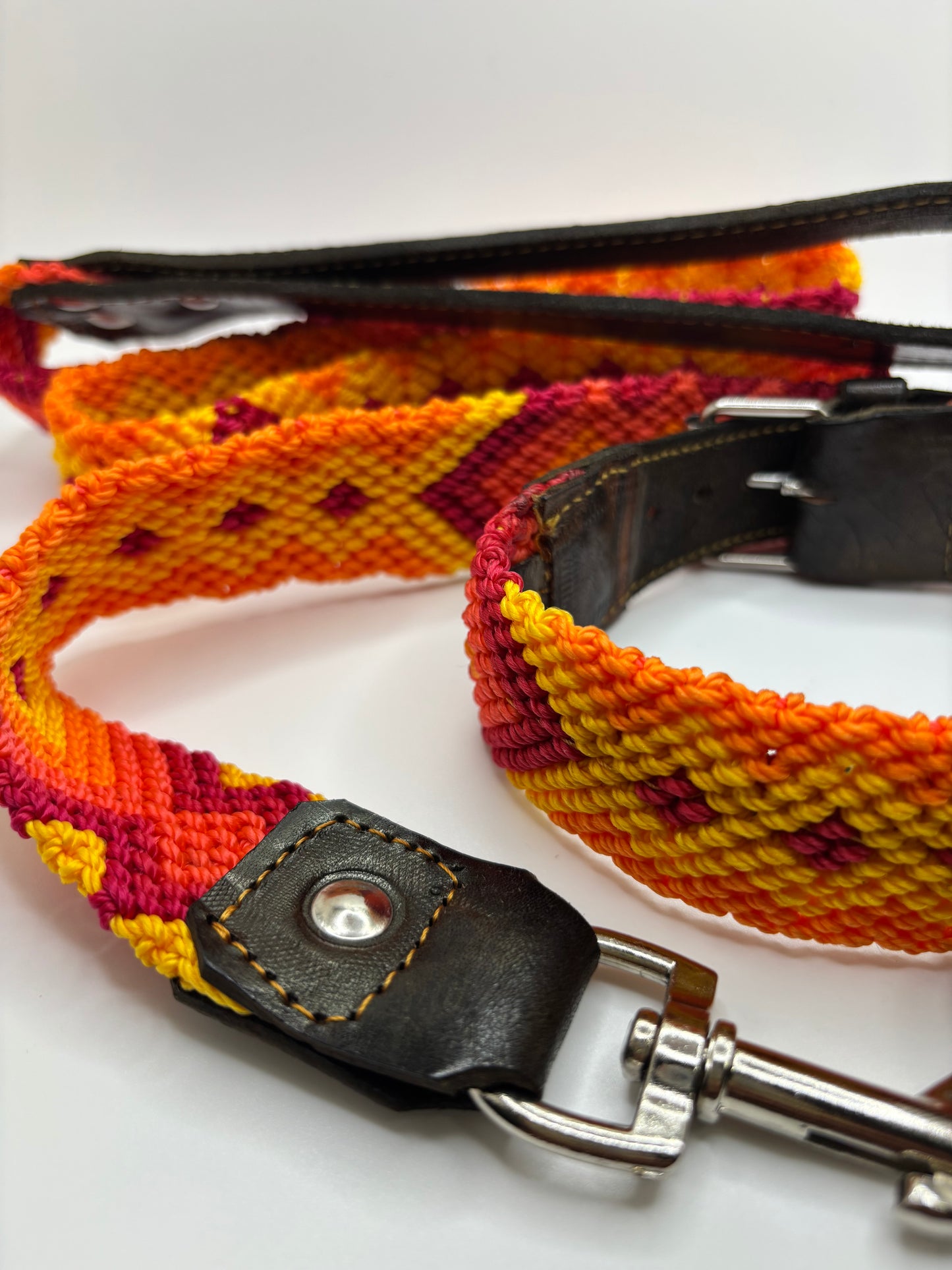 Mimosa- Medium (40cm) Collar + Leash (1m) Combo-Hand Embroidered Leather ( Fits sizes 13-15”)